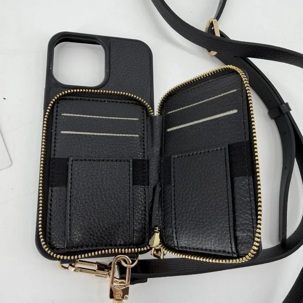 ZVE Leather Card Holder Crossbody Ipone 13 Pro Max RFID Blocking Cover Black